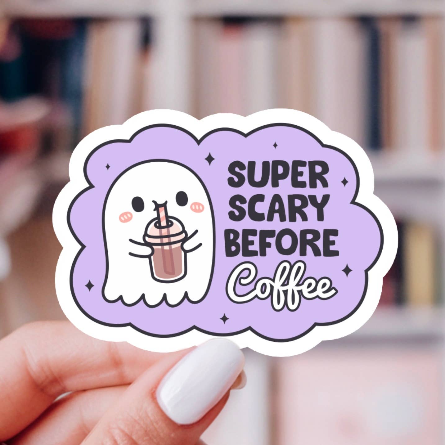 Scary Before Coffee Sticker – Cute Ghost, Glossy Vinyl 