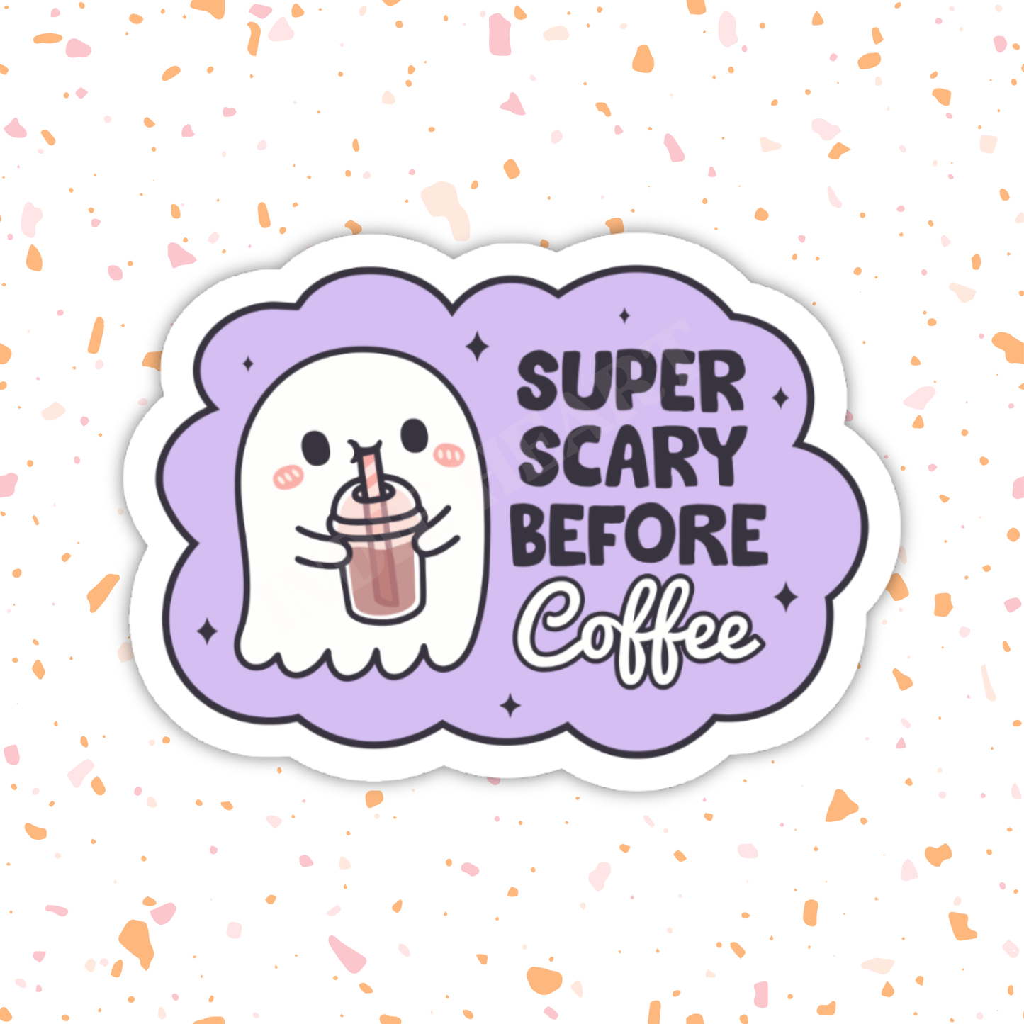 Scary Before Coffee Sticker – Cute Ghost, Glossy Vinyl 