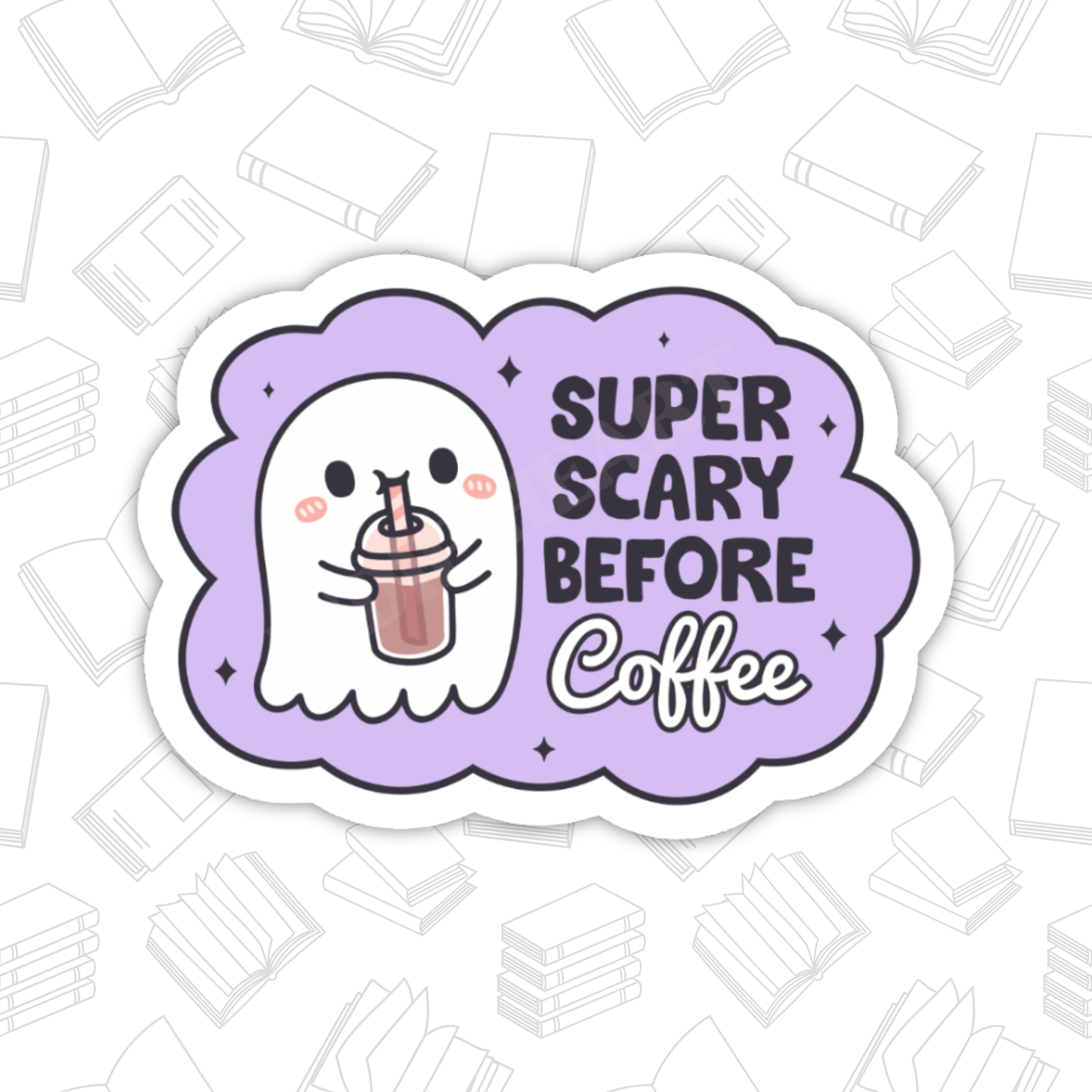 Scary Before Coffee Sticker – Cute Ghost, Glossy Vinyl 